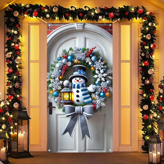 BlissYard Snowman Lantern Door Cover 71x35 Inch Christmas Banner for Front Door Outdoor Indoor Decorations Large Holiday Backdrop with Blue Ornaments Silver Bow Snowflakes Lantern Decor