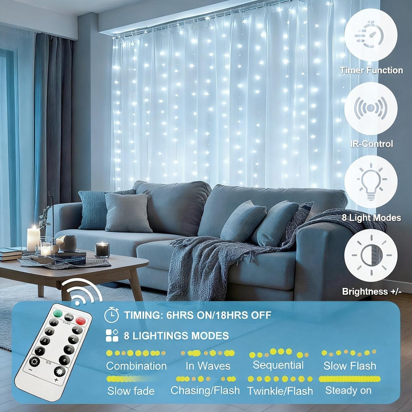 HOLITS Fairy Curtain Lights Upgraded Tangle-Free Cool White USB Plug in 8 Modes String Hanging Lights with Remote for Christmas, Bedroom, Indoor, Outdoor, Weddings, Party (6.6FTx6.6FT)