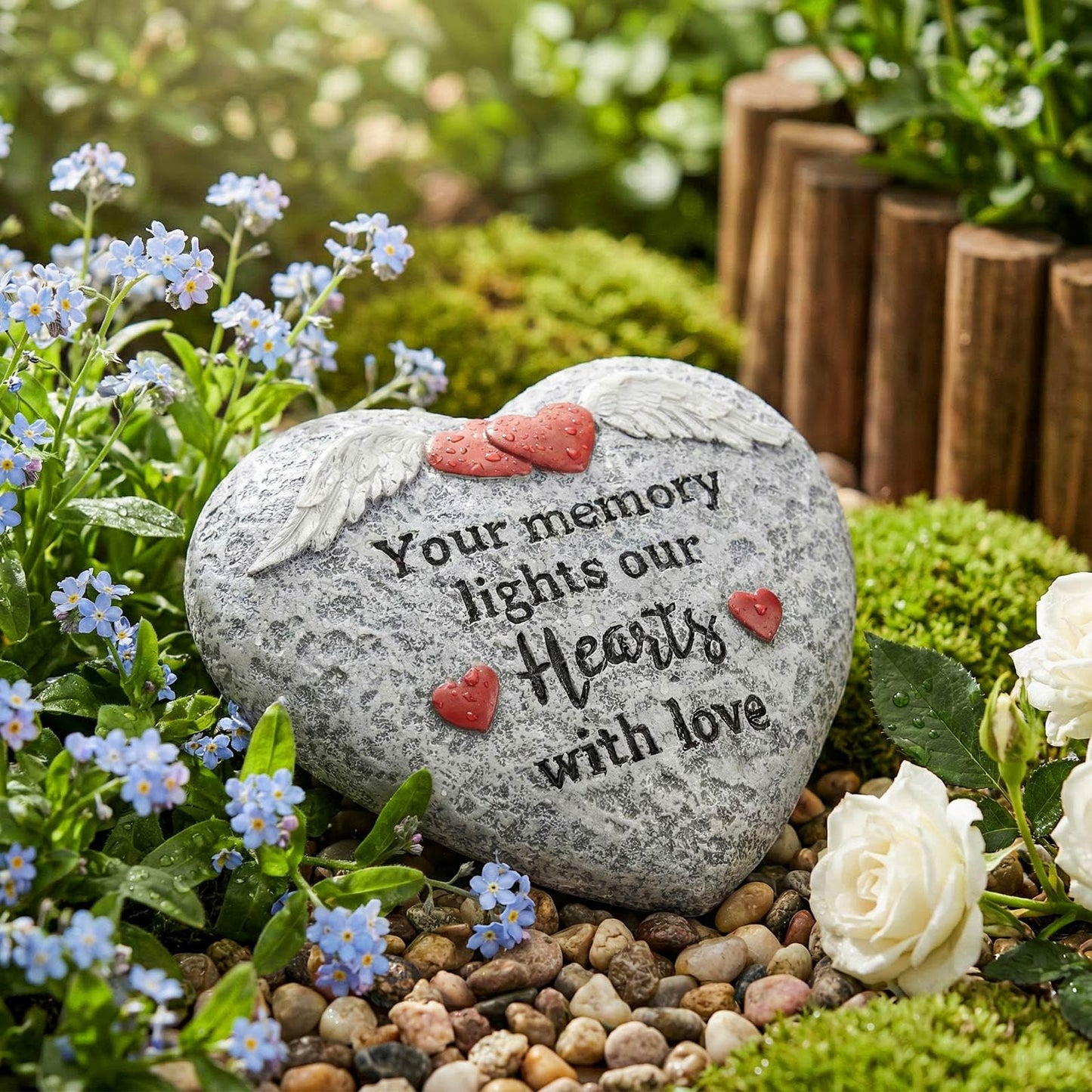 pechpell Memorial Garden Stones, Heart Shaped Resin Angel Wings Garden Stones In Memory of Loved Ones Remembrance Plaque, Bereavement Gift Outdoor Pet Cat Dog Funeral Grave Marker Cemetery Patio Decor