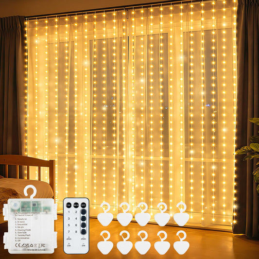 echosari Curtain Lights Battery Operated, 300 LED Fairy Lights 9.8 x 9.8Ft with Timer for Bedroom Wedding Backdrop Indoor Decor (Warm White)