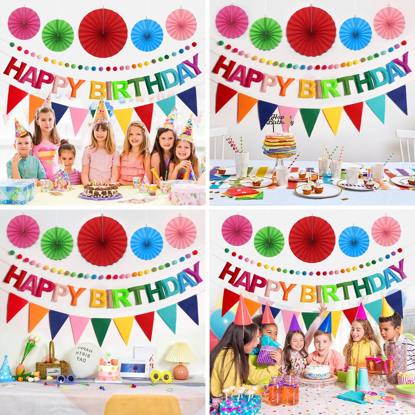 Danadia Pre-Strung Happy Birthday Banner, Reusable Felt Birthday Party Decorations, 3D Effect Happy Birthday Sign with Felt Ball Garland, Pennant Flag, Hanging Paper Fans for Men Women Boy Girls (Rainbow)