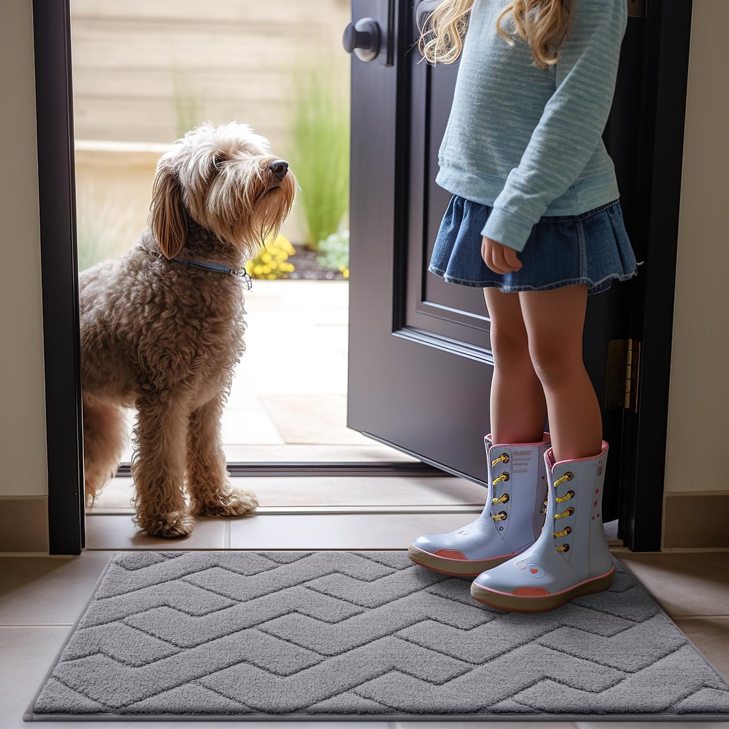 OLANLY Indoor Door Mat, 32x20, Dirt Resistant and Absorbent, Sturdy Non-Slip Rubber Backing, Easy to Clean, Washable Low-Profile Doormat for Entryway, Medium Gray