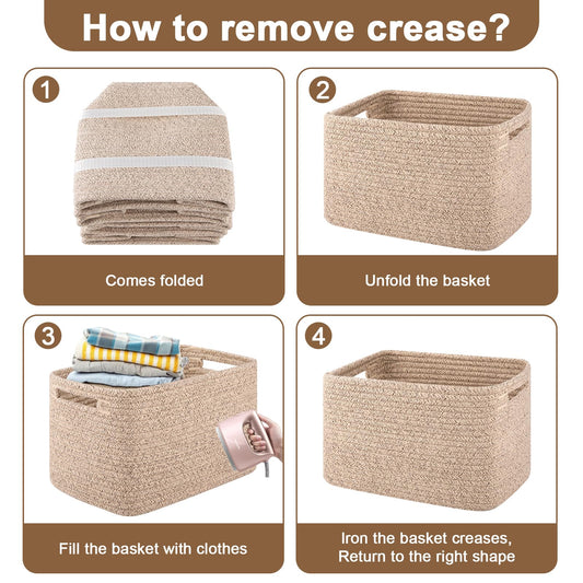 OIASKET Storage Baskets for Organizing, Woven Decorative Baskets for Shelves - Books, Towels, and Clothes, Cotton Rope Toy Storage Bins, 12.7''Lx9''Wx7.8''H, Pack of 4, Brown
