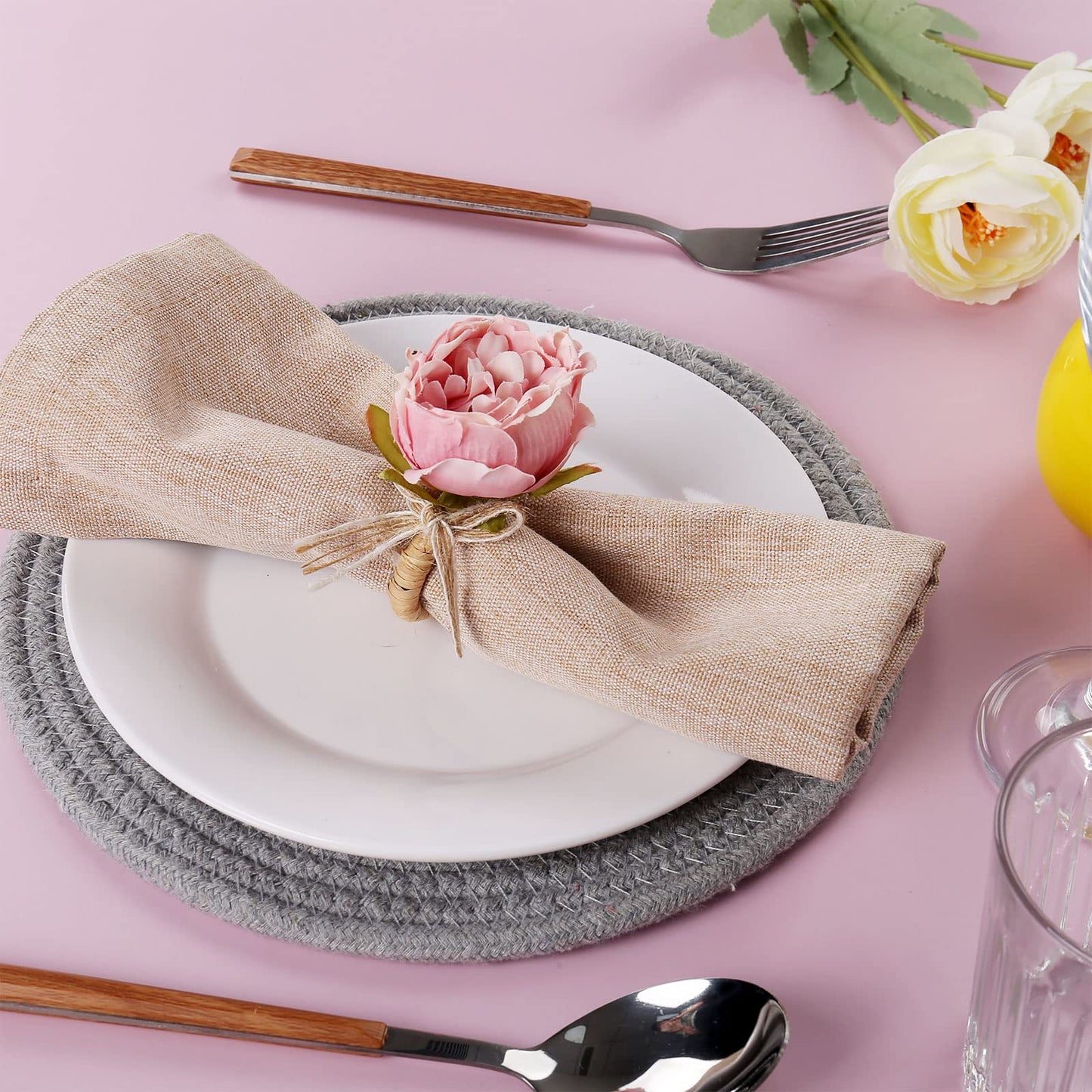 FEKIDO Flower Napkin Rings Set of 8,Pink Peony Flower Handmade Napkin Holder Rings Table Decorations for Wedding,Fall,Daily Party,Picnics,Banquet,Luncheons,Birthday,Christmas,Valentine's,Thanksgiving