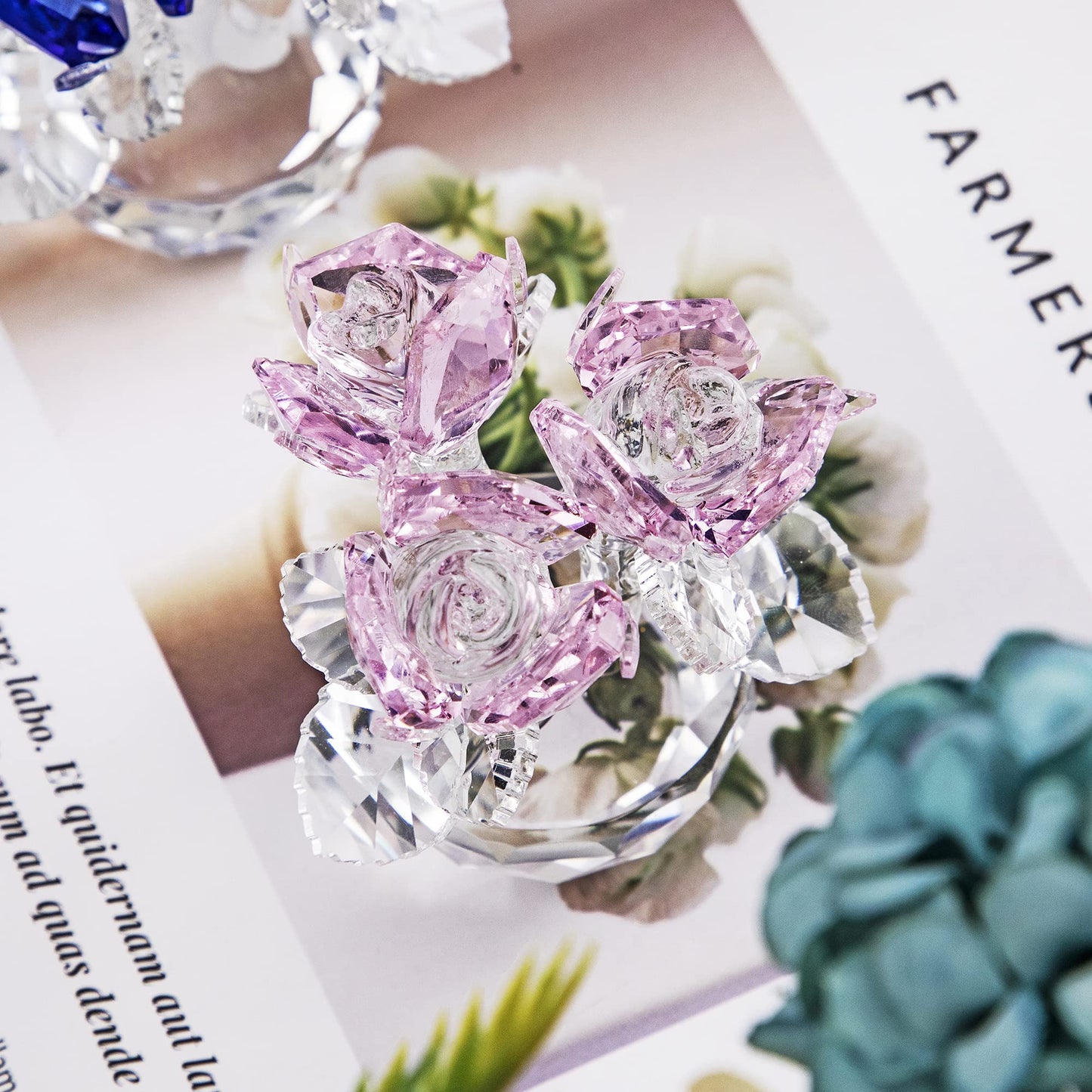 QFkris Pink Crystal Rose Bouquet Flower Figurine for Home Decor 2.8" Glass Flowers Ornament Collection for Women Valentines Day Thanksgiving,Christmas,Mother's Day