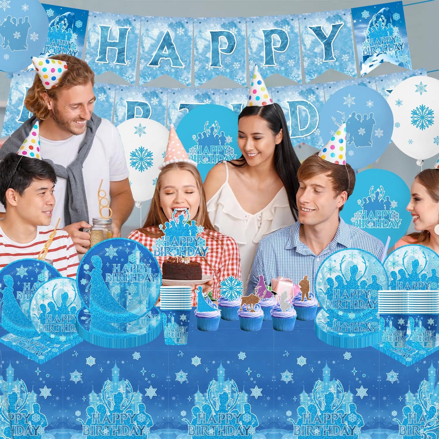 tetcuican 104Pcs Frozen Birthday Party Decorations, Snow Theme Party Supplies Set Include Banner, Balloons, Tablecloth, Cake Toppers, Cupcake Toppers, Plates, Napkins for Winter Birthday Decorations