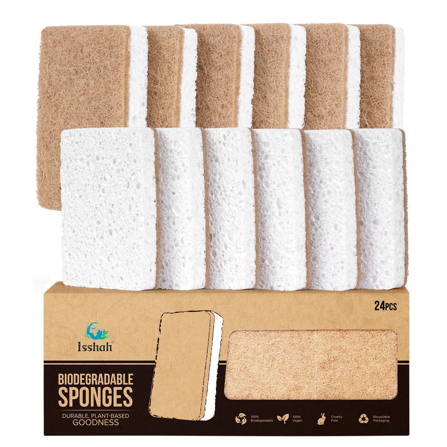 Isshah Plant-Based Kitchen Sponges - Natural, Eco-Friendly, Biodegradable Sisal Hemp Sponges for Dishes, Cleaning Sponge for Kitchen, Bathroom, Household - 24 Count