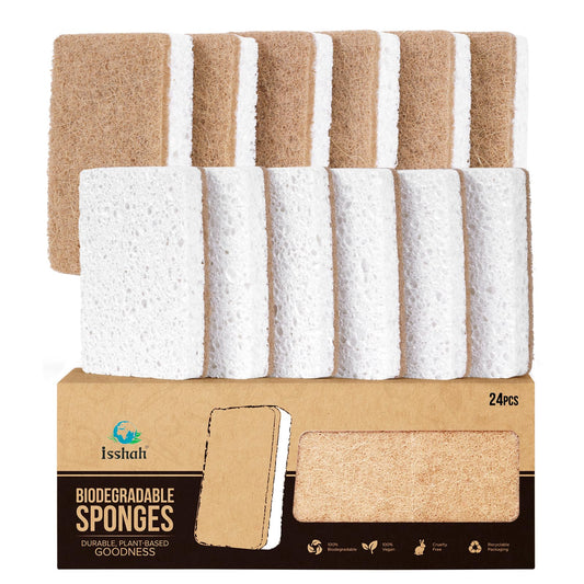 Isshah Plant-Based Kitchen Sponges - Natural, Eco-Friendly, Biodegradable Sisal Hemp Sponges for Dishes, Cleaning Sponge for Kitchen, Bathroom, Household - 24 Count
