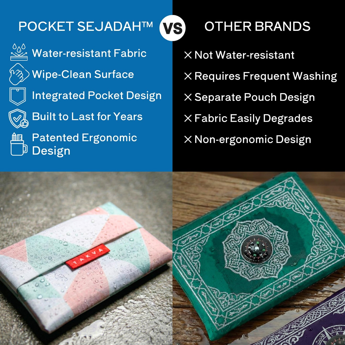 TAKVA The Pocket Sejadah™ | Portable Foldable Travel Prayer Mat, Waterproof, Ramadan/Eid Gift, Perfect Muslim Gift, Pocket Size (Design in Japan, Made in Turkey)