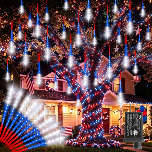 LAMPHOME 12in Red White Blue Patriotic Icicle Lights, 4th of July Outdoor Lights Meteor Shower Snow Falling Lights 10 Tubes 240 LED Waterproof Plug in, Fourth of July Outdoor Decor for Yard Tree House