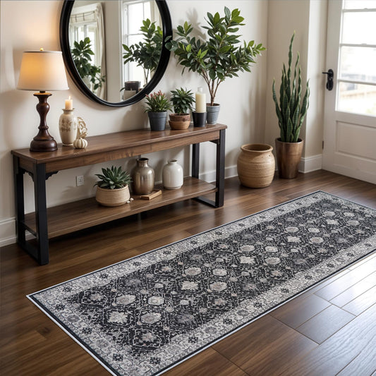Hallway Washable Runner Rug - 2x6 Kitchen Rugs Entryway Rug Runner Vintage Soft Floor Mat Non Slip Indoor Farmhouse Carpet for Bathroom Living Room Bedroom (2 X 6, Black)
