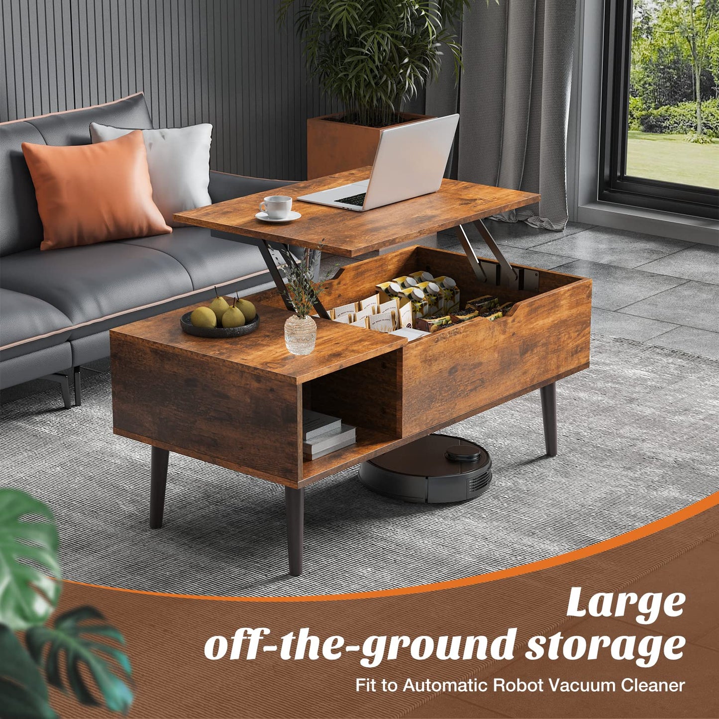 Sweetcrispy Lift Top Coffee Tables for Living Room, Small Rising Wooden Center Tables with Storage Shelf and Hidden Compartment, Brown