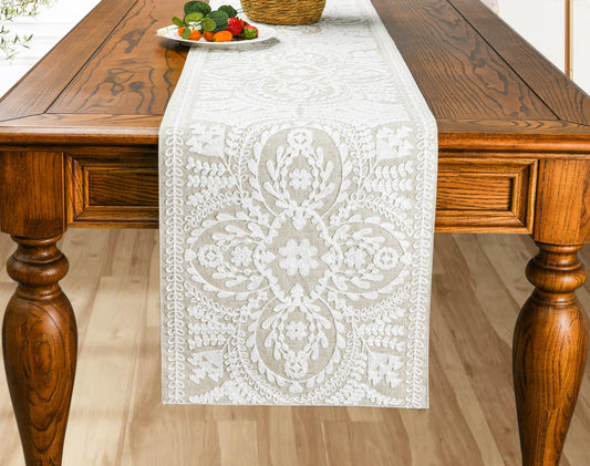 KEVA Boho Table Runner 72inches Long, Farmhouse Linen Table Runner, Rustic Vintage Natural Embroidered Table Runners 13x72 Inch for Dining Table Decorations