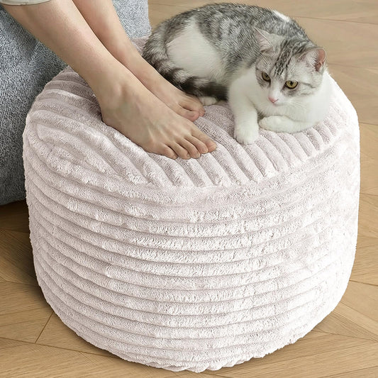 SHOUREN Stuffed Round Pouf Ottoman,Corduroy Foot Rest with Shredded Foam Filling, Lightweight and Fluffy Pouf Storage Ottoman for Living Room,Floor Poufs for Couch,20"x15", Beige