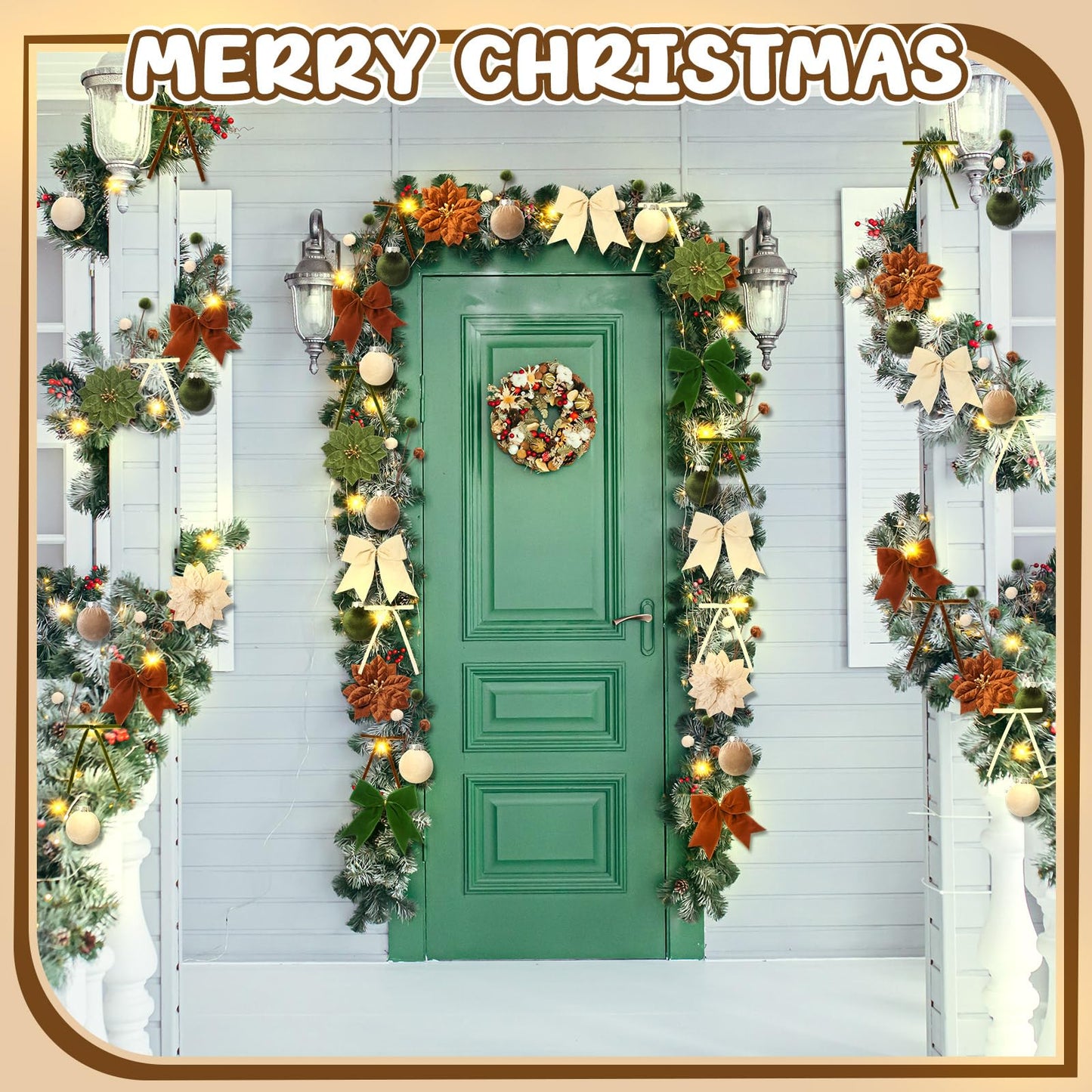 Hungdao 57 Pcs Christmas Velvet Ornament Kit 12 2.4" Velvet Balls 24 4.7" 5.9" Bow 6 4.7" Poinsettia 5.5 Yds Wide Ribbon Star Topper Lights 12 Picks for Xmas Tree Holiday Decor(Beige,Dark Green,Brown)