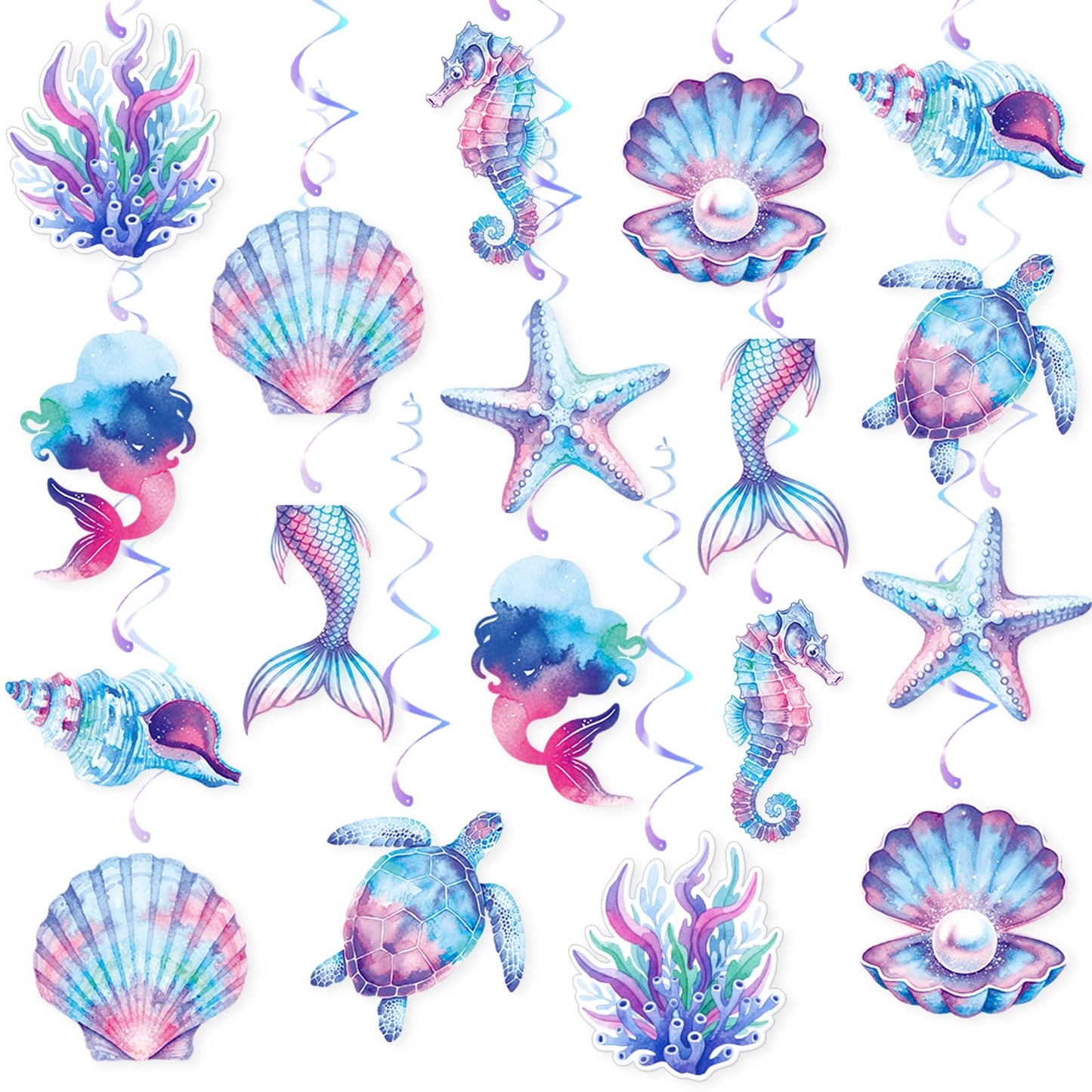 Mermaid Hanging Swirls, 36Pcs Mermaid Ceiling Streamers Sea Creature Hanging Decorations for Ocean Mermaids Theme Party Supplies