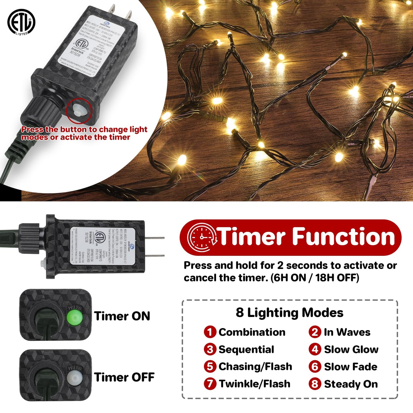 FairyGlim Christmas Lights Outdoor 100LED 33FT, Green Wire Connectable Christmas String Lights | 8 Modes Twinkle Fairy Lights Plug in with Timer, for Indoor Outside Xmas Trees Garden Party, Warm White