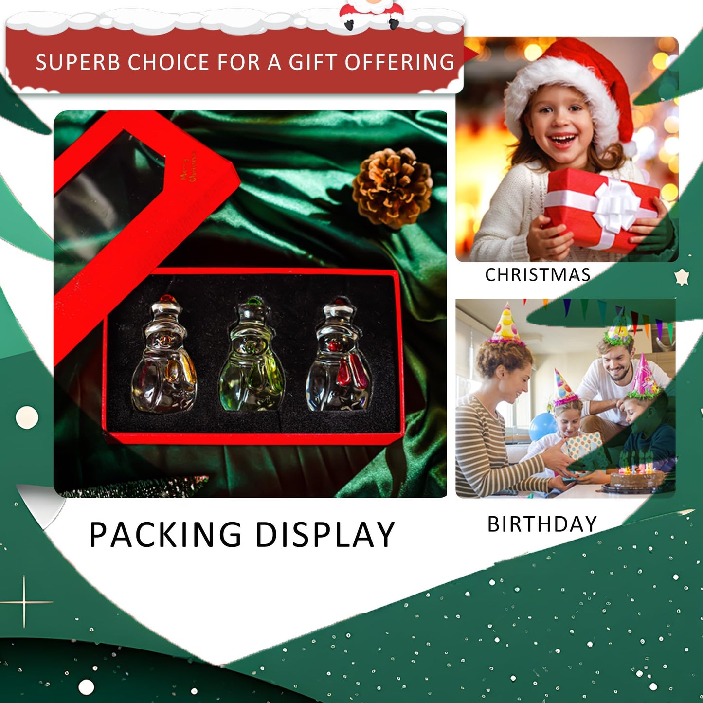 KRISININE Set of 3 Glass Snowman Figurine 1.6''*4.2'' Handmade Snowman Christmas Decorations Indoor for Home Winter Holiday Glass Paperweight Office Table Decor