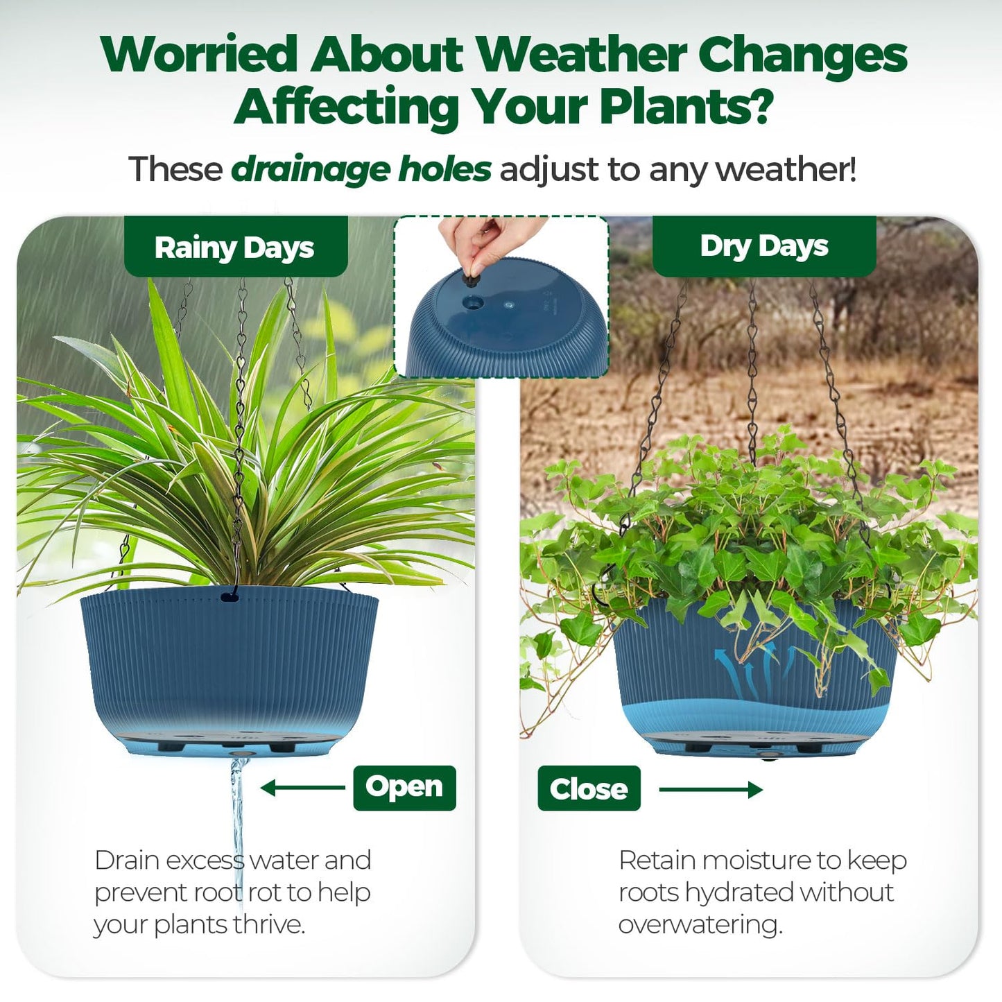 T4U 10 Inch Hanging Planters for Indoor Outdoor Plants, Hanging Baskets for Plants Pack of 2, Self Watering Hanging Pots with Drainage Hole for Garden Home Decor, Blue