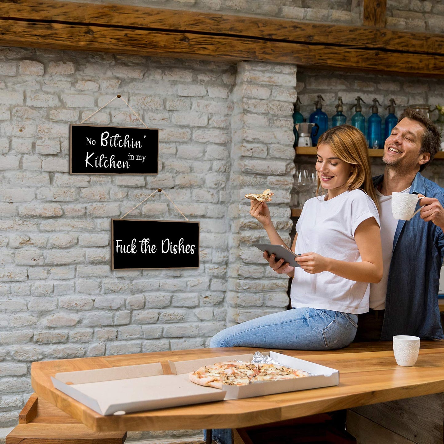 Jetec 2 Pieces Funny Kitchen Signs the Dishes Hanging Wall Art Decoration No Bitchin in My Kitchen Rustic Wooden Wall Signs Decorative Wood Home Decor, 10 x 5 Inch(Stylish)