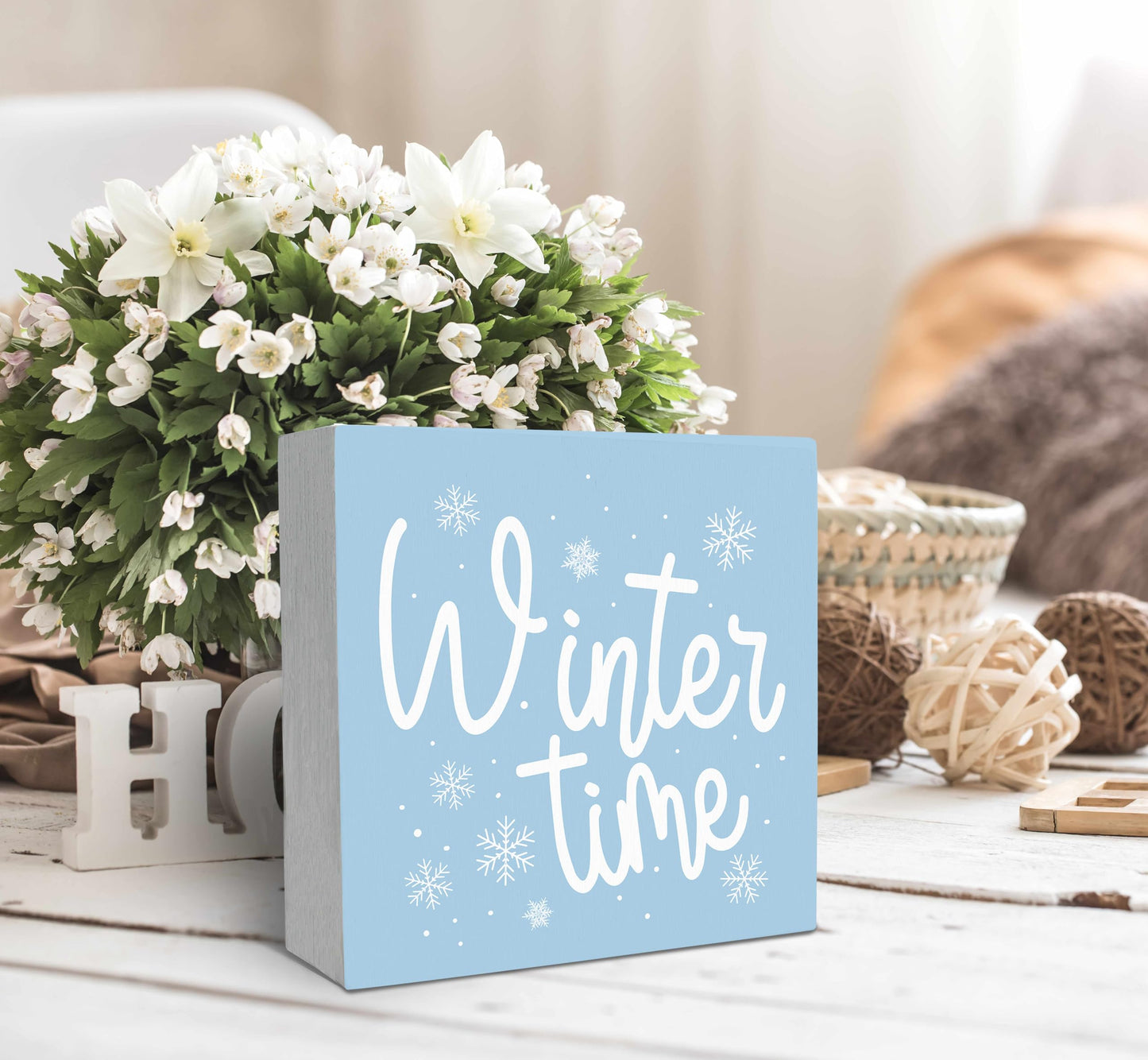 SRADMO Winter Time Christmas Blue Wooden Sign Desk Decor, Modern Farmhouse Pastel Blue Snowflake Christmas Wood Block Signs for Home Office Xmas Party Holiday Desk Table Shelf Decorations, 5x5 Inches