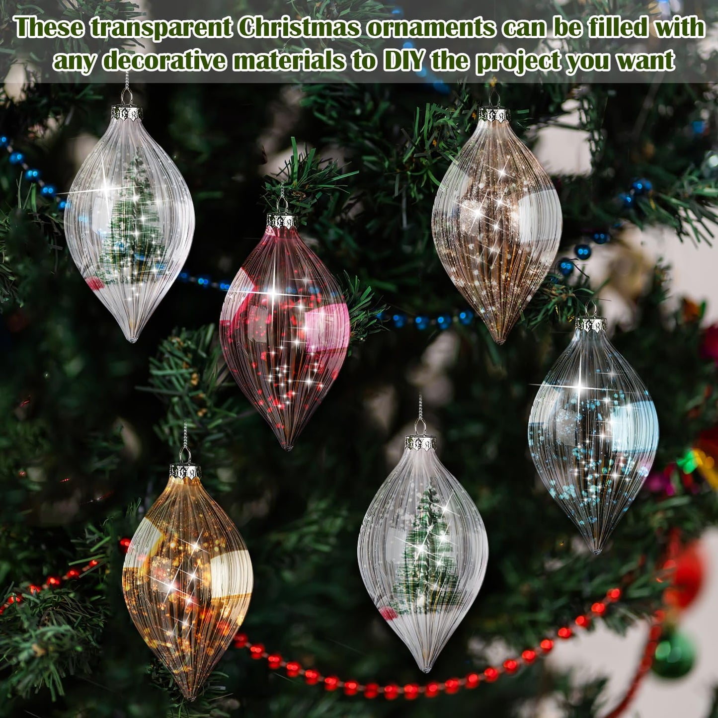 Sumind 6 Pcs 5.8" Glass Christmas Ornaments Hand Blown Glass Ornaments Crystal Balls DIY Clear Hanging Decorations with Metal Hook for Winter Xmas Tree Window Elegant Luxury Decor Gift(Stripe Style)