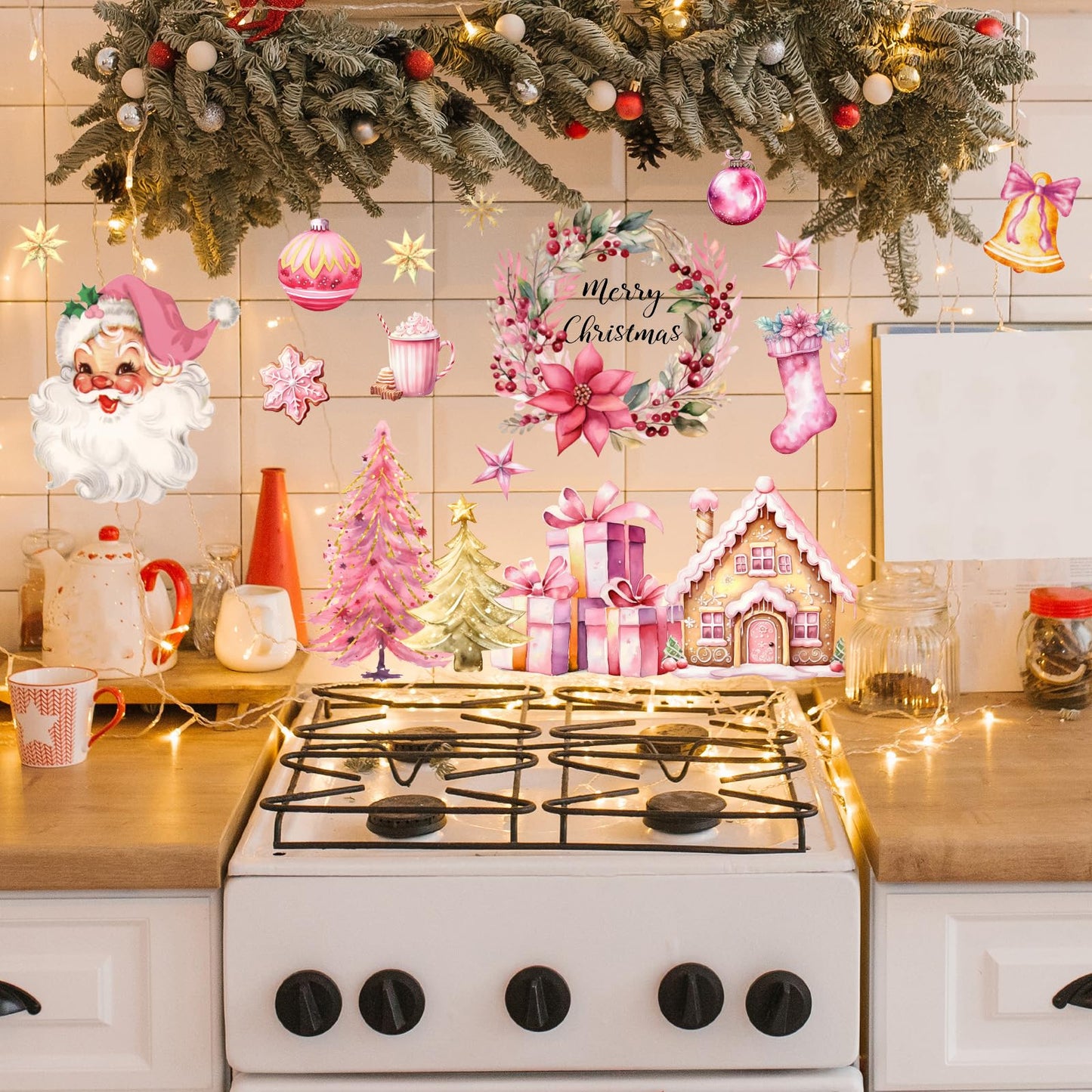 JarThenaAMCS Christmas Wall Stickers Xmas Tree Snowman Santa Wall Decals Large Pink Gold Room Mural Stickers for Winter Home Party Decor, 7.9 x 11.8 Inch, 9 Sheets