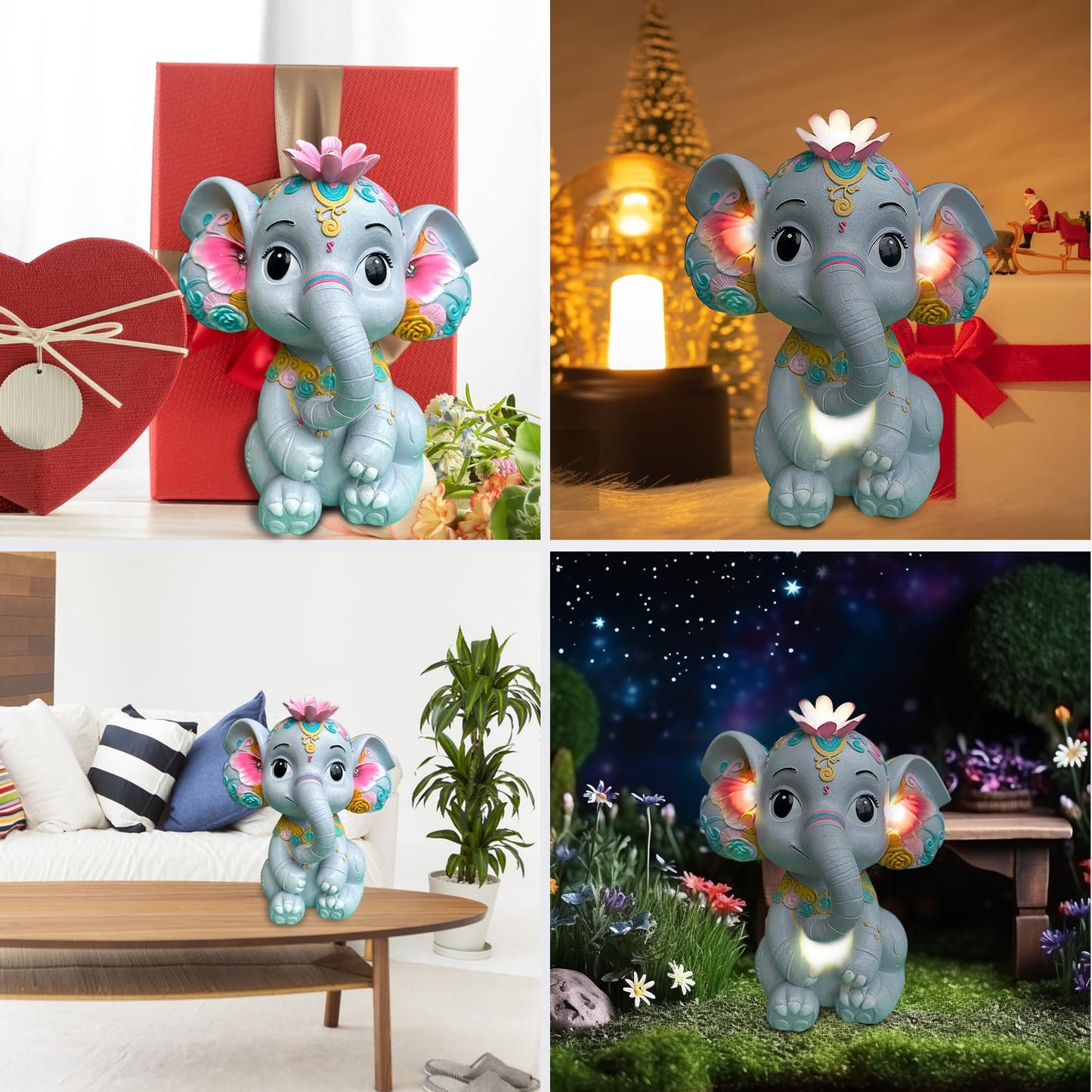 Sgreatiny Solar Garden Elephant Statue with 4 LED Lights, Outdoor Lawn Decor for Patio, Yard, Balcony, Waterproof Resin Ornament, Ideal Gift for Mom, Grandma, Women (Housewarming, Birthday, Christmas)