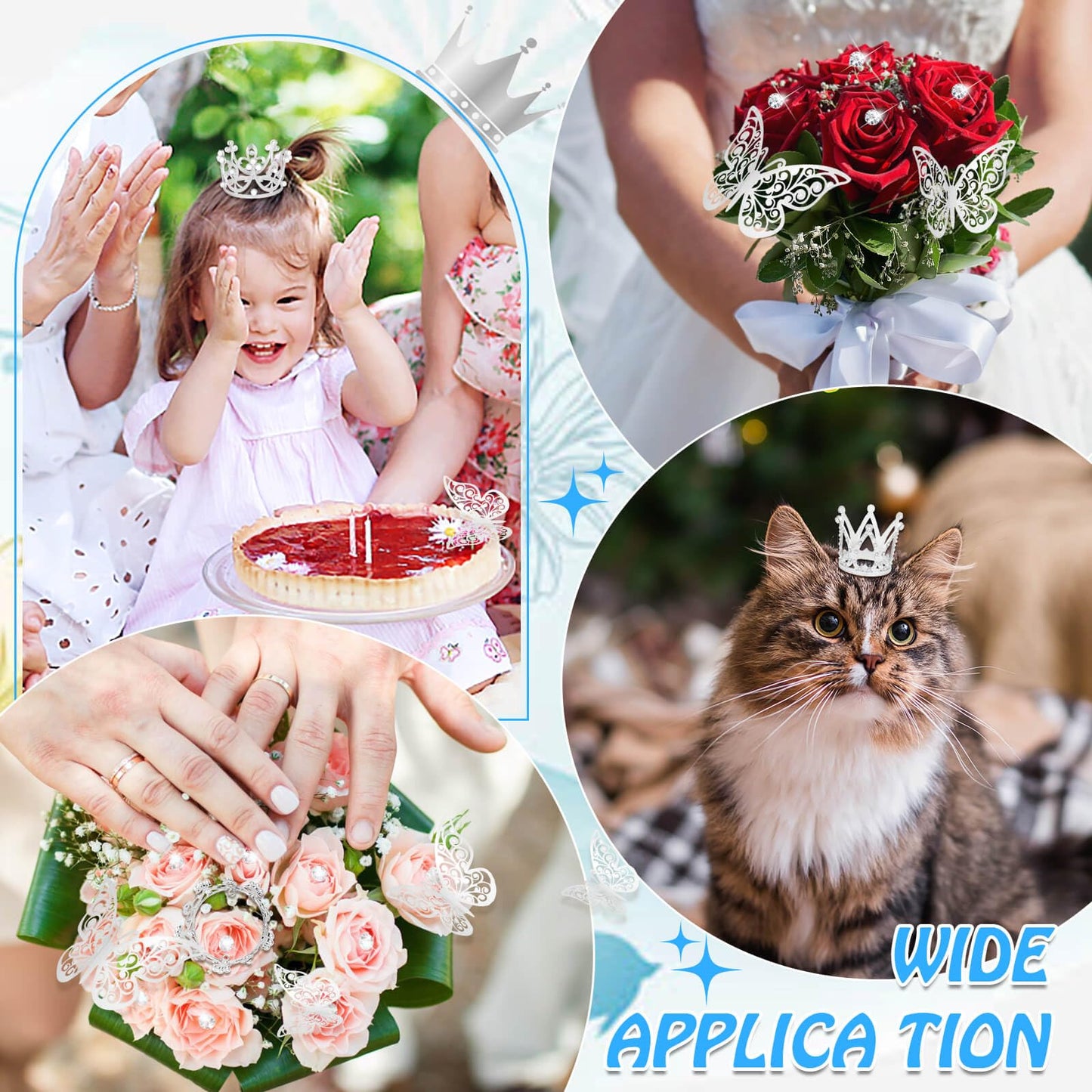 cridoz Flower Bouquet Accessories Including 4 Pcs Silver Crowns, 12 Pcs Butterfly Decorations and 50 Pcs Flower Pins for Flower Bouquets and Cake Topper Decoration