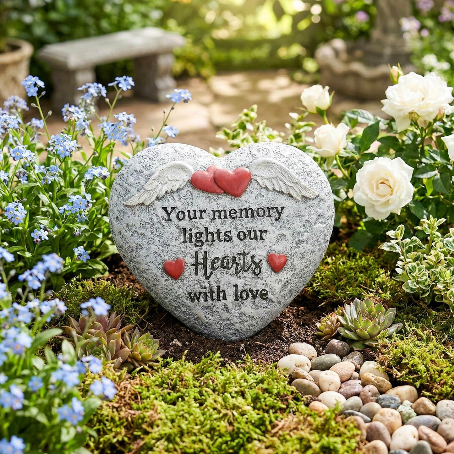 pechpell Memorial Garden Stones, Heart Shaped Resin Angel Wings Garden Stones In Memory of Loved Ones Remembrance Plaque, Bereavement Gift Outdoor Pet Cat Dog Funeral Grave Marker Cemetery Patio Decor