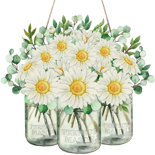 Threehoney Spring Daisy Door Sign Summer Eucalyptus Leaves Mason Jar Door Decor Watercolor Wooden Wall Hanging Sign Hanger Retro Flower Welcome Hanger for Outdoor Indoor Front Gate Wall Decor