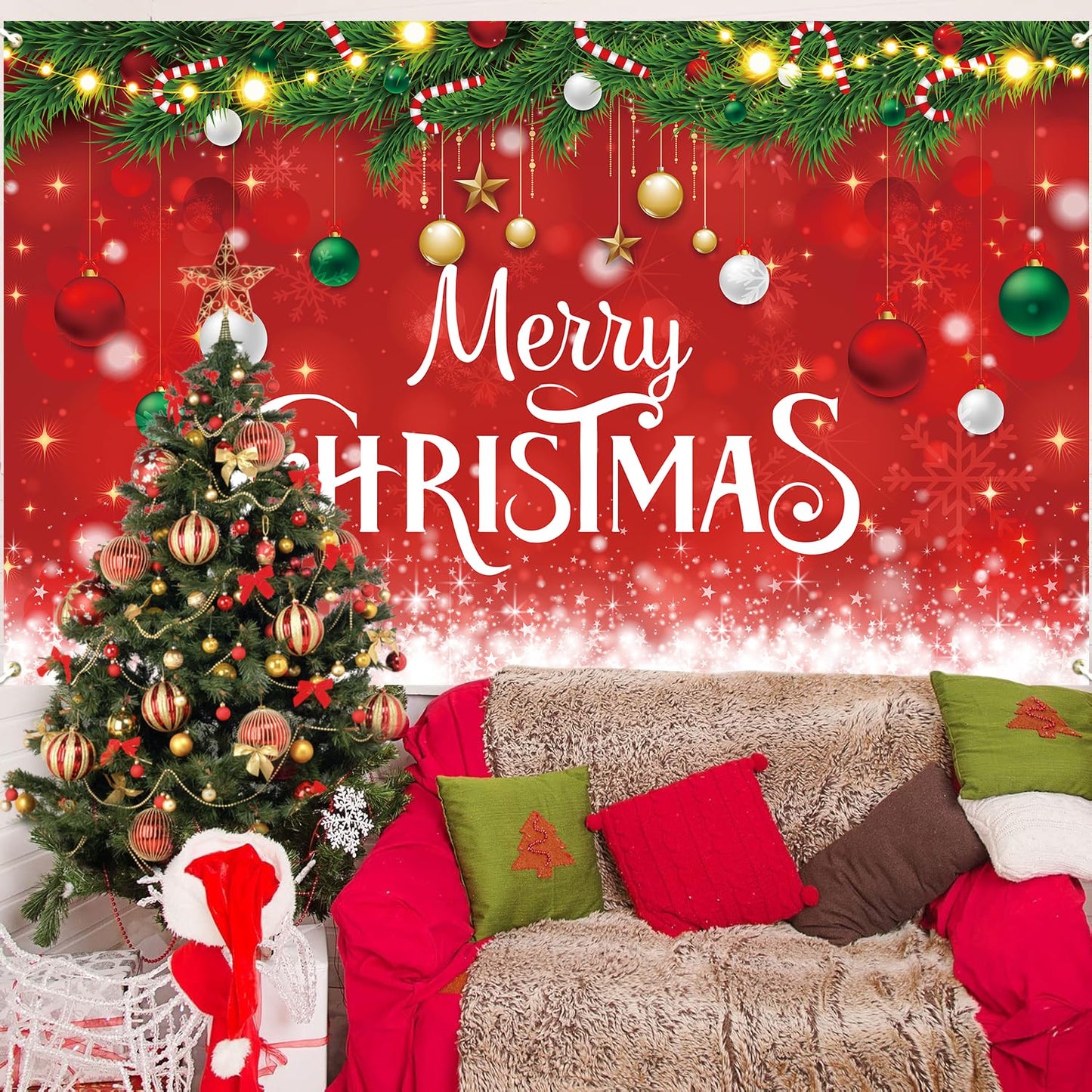 Merry Christmas Banner, Large Christmas Decorations Photo Banner Signs for Winter Indoor Outdoor Hanging Decor Wall Office Home Classroom, Red