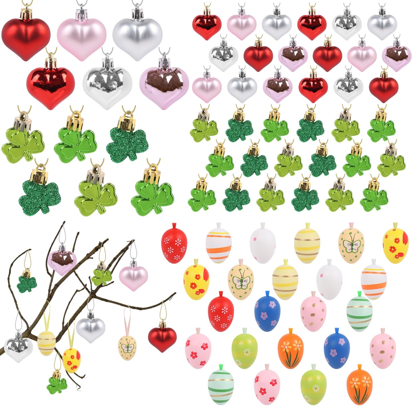 CCINEE 72pcs Easter Egg Hanging Sets for Easter Holiday Decorations, Shamrock Mini Hearts Valentine's Day Heart Shaped Ornaments for Tree St Patricks Day Party