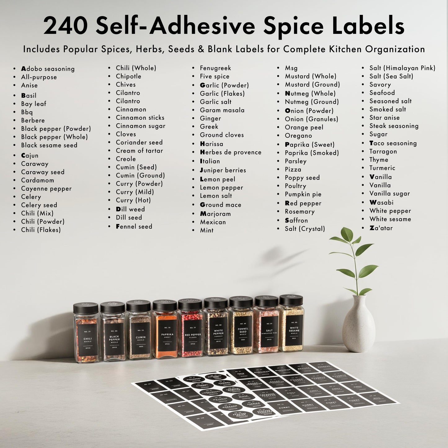 EDELHAUS Glass Spice Jars with Label and Black Lids (24 x 4oz) Spice Containers with 240 Labels, Shaker Inserts, Steel Funnel, Empty Square Empty Square Seasoning Organizer