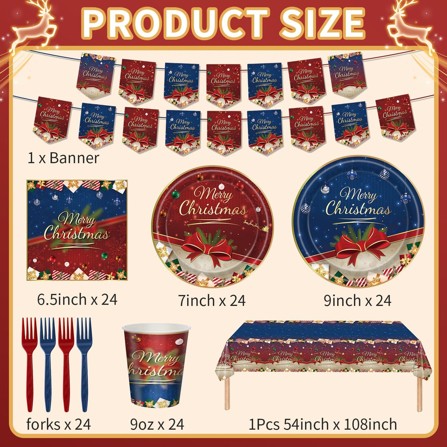 AWLZJZQA 122 PCS Christmas Party Supplies Serve 24 Guests Merry Christmas Plates and Napkins Party Decorations Disposable Dinnerware Set Decor Red and Blue