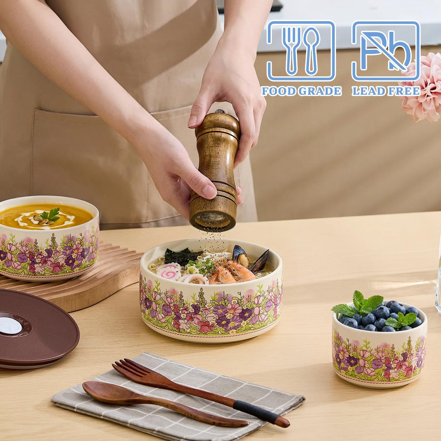TAUFIKT Food Storage Containers with Lids, 4"/ 5"/ 6" Nesting Bowls Set, Serving Bowls with Lids Set, Pasta Ceramic Bowls Set Decorative Bowl for Soup, Stew, Cereal, Microwave and Oven Safe (Rose)