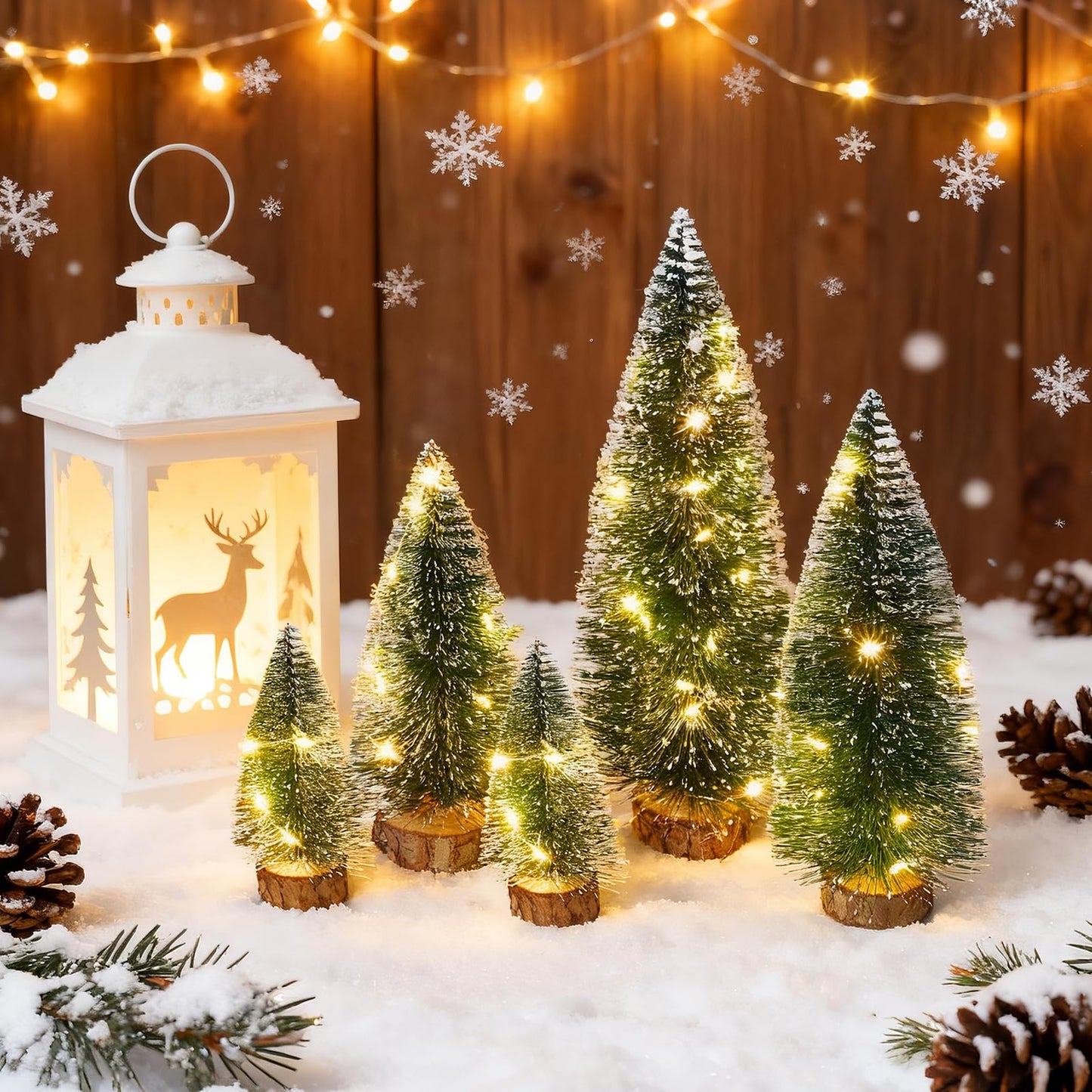 Mini Christmas Tree with Lights, Small Table Top Decorations, Desktop Miniature Pine Tree Xmas Holiday Decor Indoor Home, Bottle Brush Trees with Wooden Base, 5 Pcs with Light