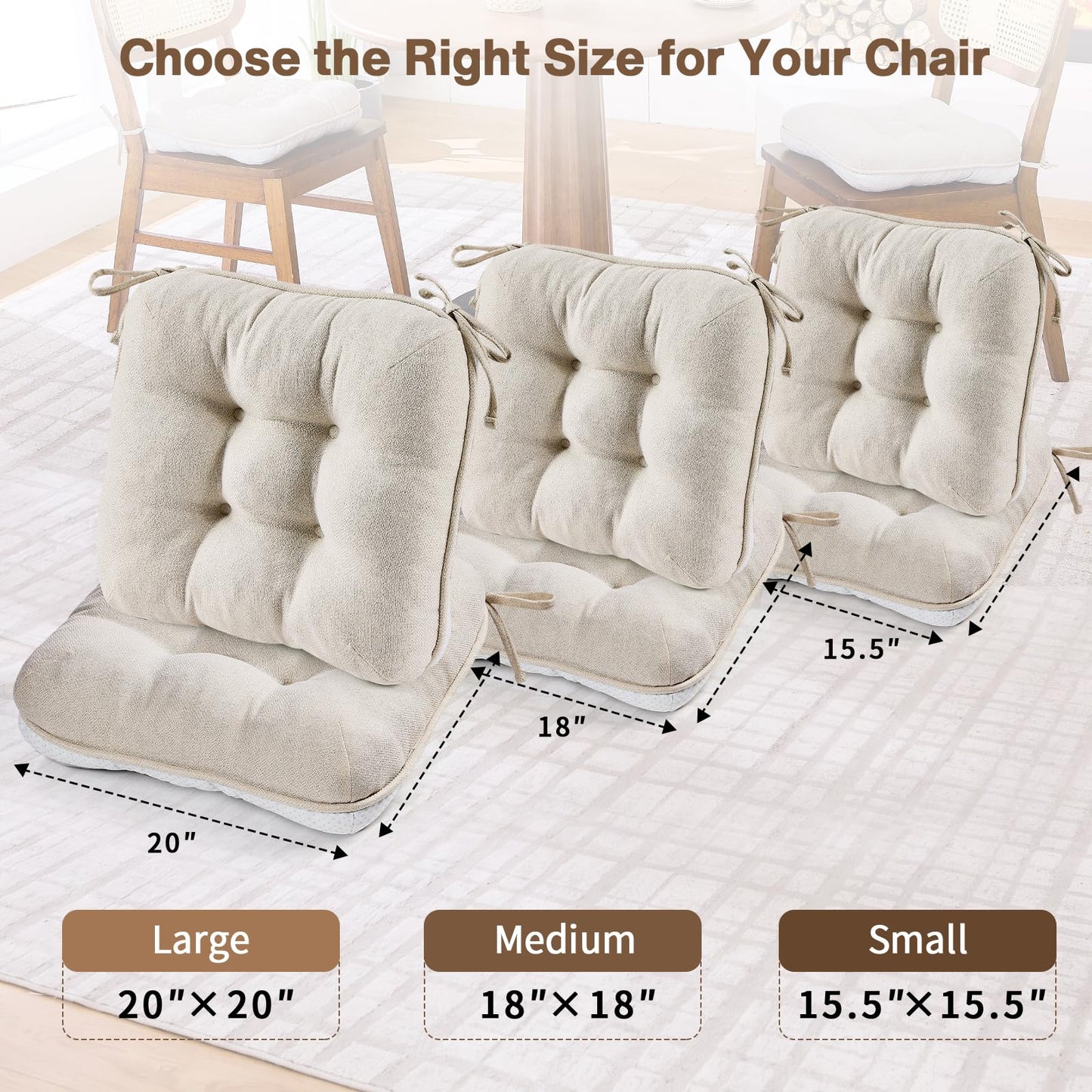 BETU Chair Cushions for Dining Chairs Set of 4,3.5" Thick Kitchen Table Chair Pads with Ties,Non Slip Backing and Covers, Seat Cushion for Dining Room,Bar,Patio Chairs,15.5"X15.5"X3.5",Beige