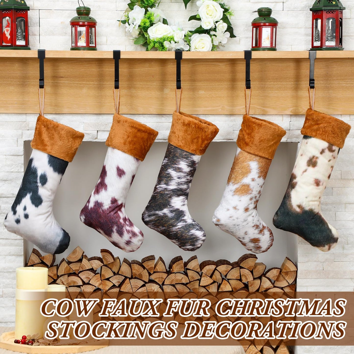 Glimin 6 Pack Cow Print Christmas Stockings 20 Inch Large Plush Xmas Animal Cuff Stockings Hanging Ornaments Socks for Western Fireplace Mantel Stairway Decorations(Brown Cuff)