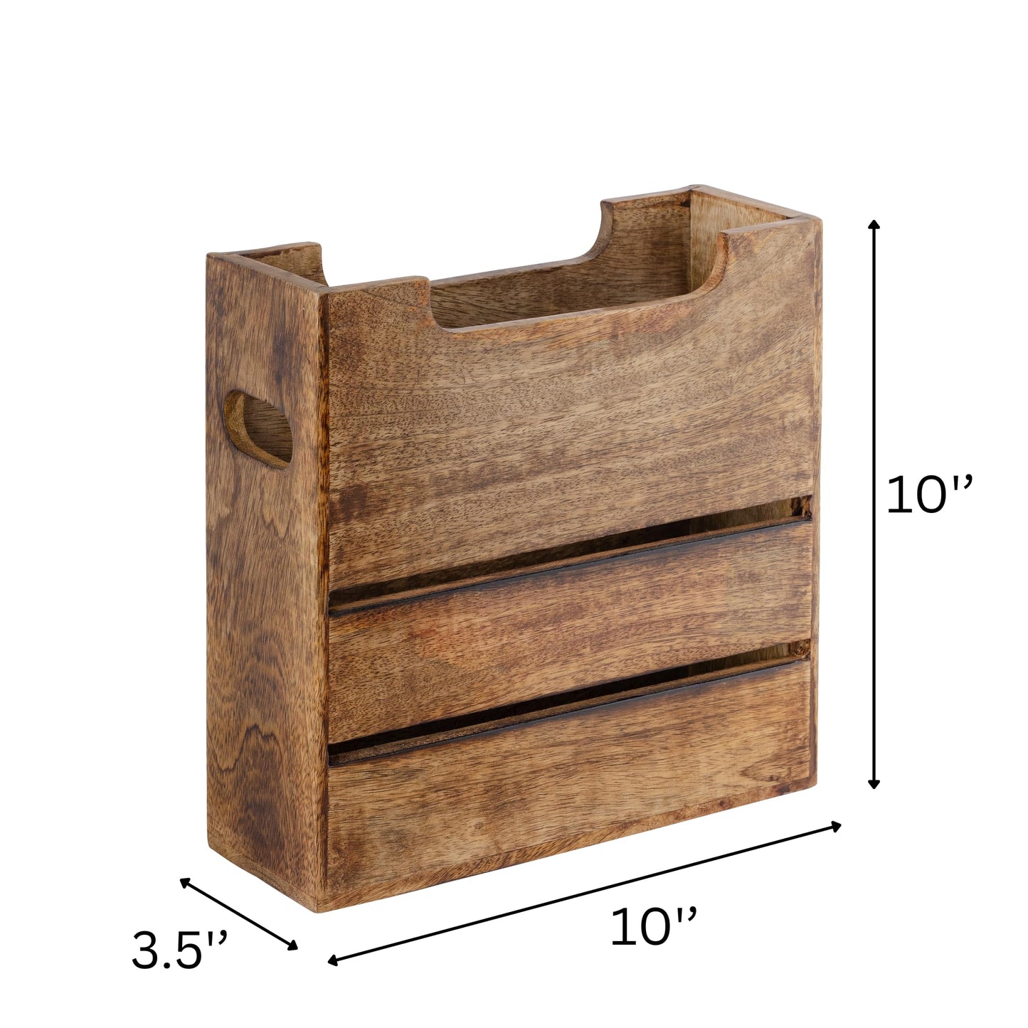 Mie Creations Wooden Magazine Holder Rack with Handle, Decorative Magazine Storage Basket for File, Folder, Books, Newspaper | Rustic Brown Magazine Bin Display Stand, Office Desk Organizer 10-inch