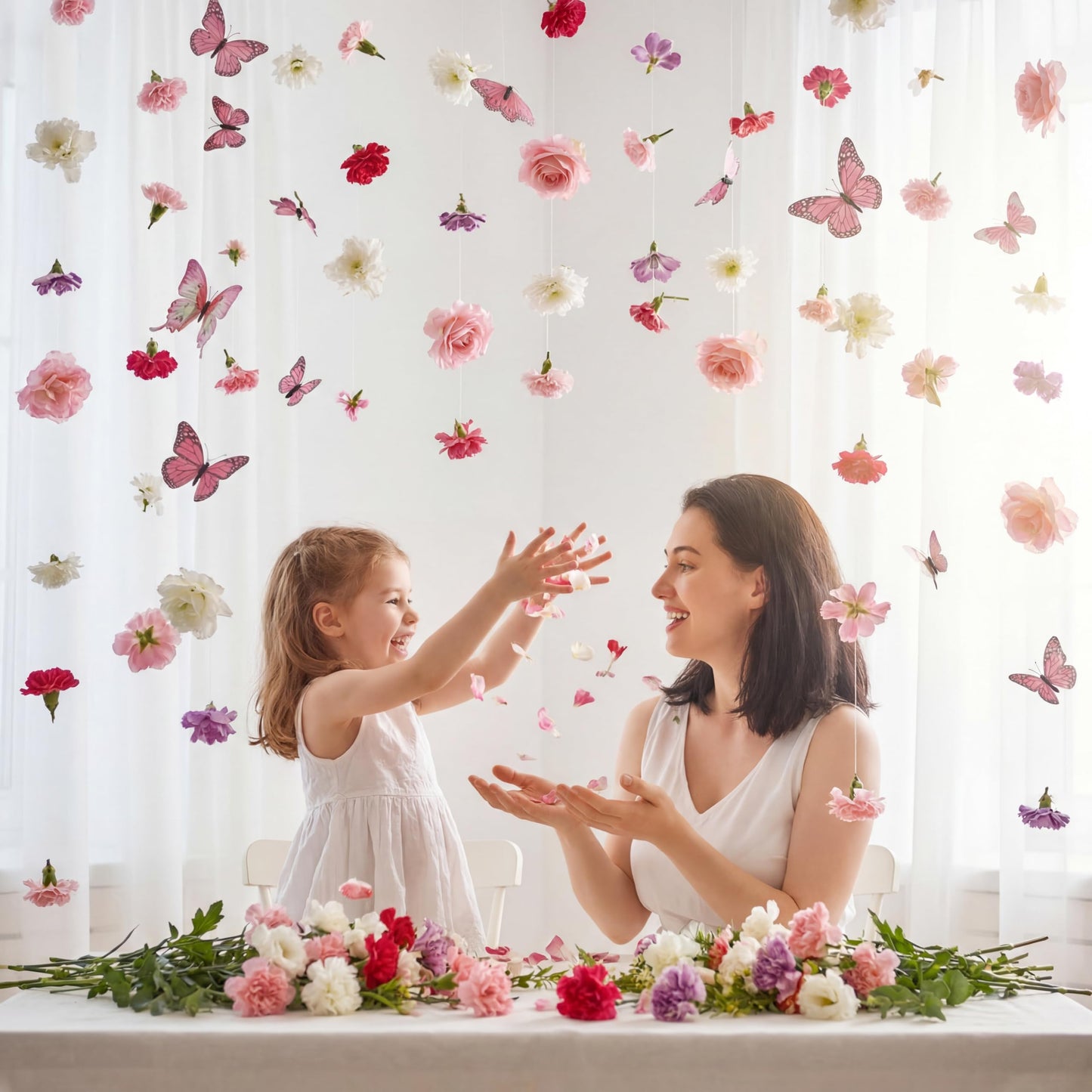 Suncalla 6 Pcs Artificial Flower Butterflies Garland Hanging Decorations 5.9 ft Flower Curtain Backdrop with Hooks Indoor Decor for Wedding Spring Party Birthday Baby Shower Home