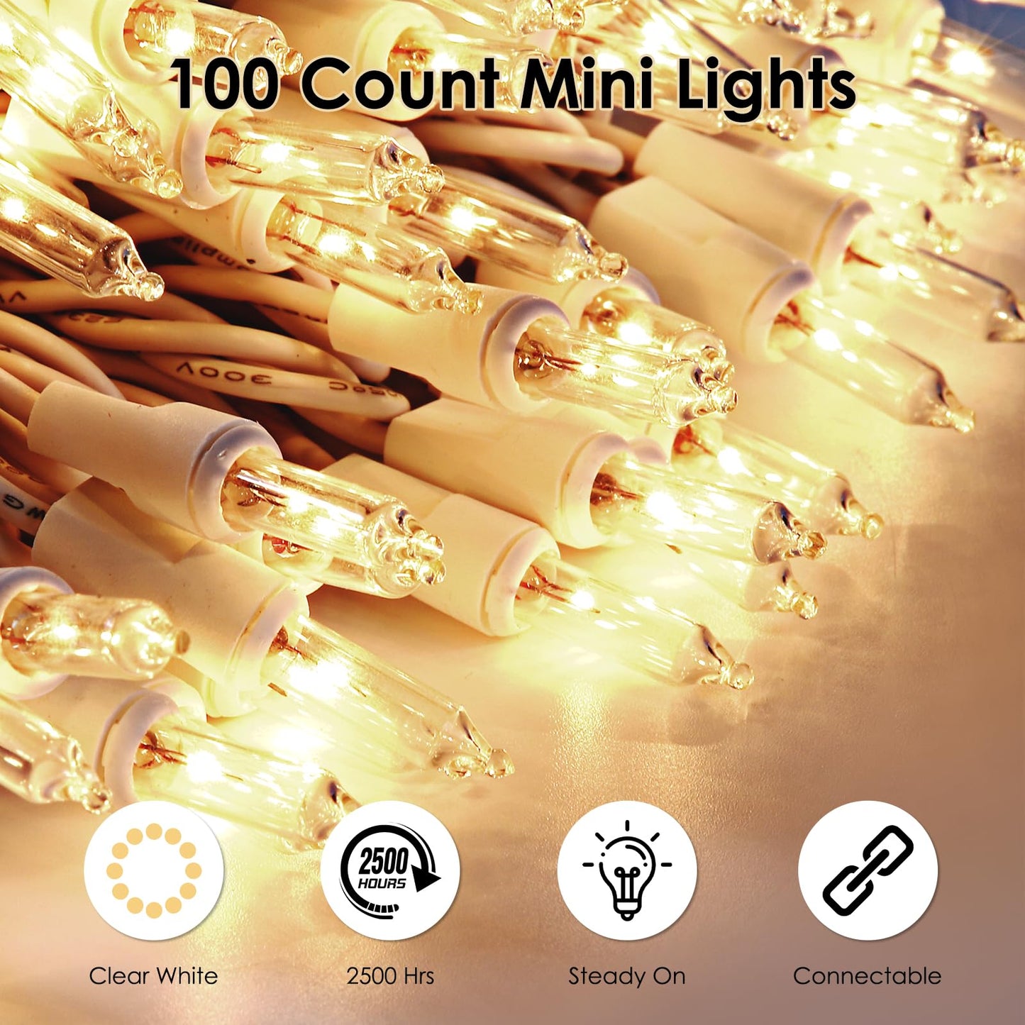 Meteds Christmas Lights 100 Count Clear White Wire UL Certified Connectable Warm White String Lights for Christmas Tree,Garland,Home,Patio, Wedding,Party,Festival Decor