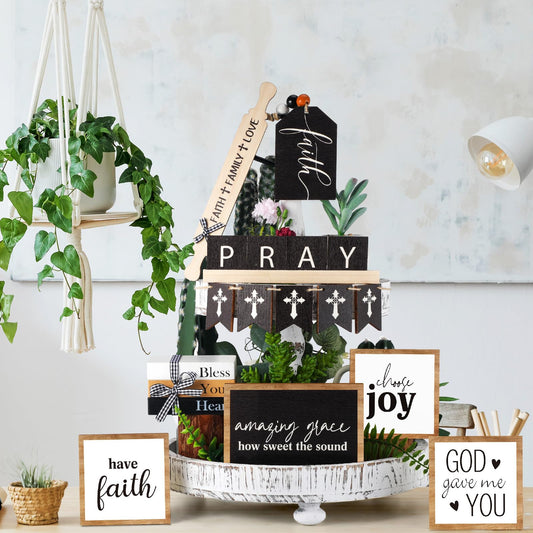 Tatuo 13 Pcs Easter Tiered Tray Decor Set Religious Wooden Table Decor Faith Christian Easter Centerpieces Decorations Rustic Farmhouse Pray Cross Wood Block Signs for Home Church Tabletop