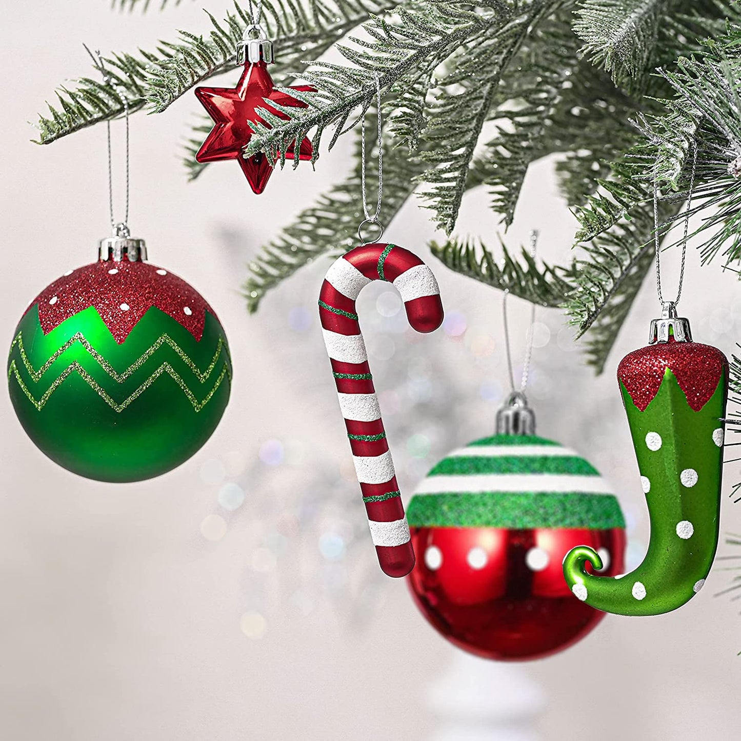 SVNVIOZ Christmas Ball Ornaments Set, Elf Boots Theme 70ct Classic Collection Splendor Red Green White Christmas Ball Ornaments, Shatterproof Xmas Balls for Christmas Tree Decoration