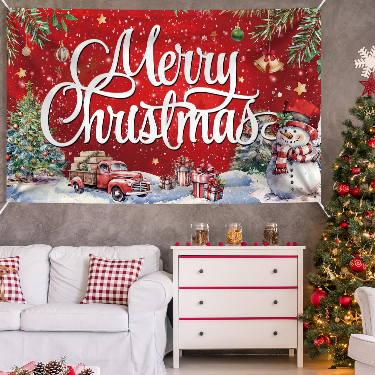 Large Christmas Banner Decorations Red Flag Outdoor 72x44 Inch, Merry Christmas Gifts for Indoor Home House Decor Party Supplies, Yard Sign Background for Photography