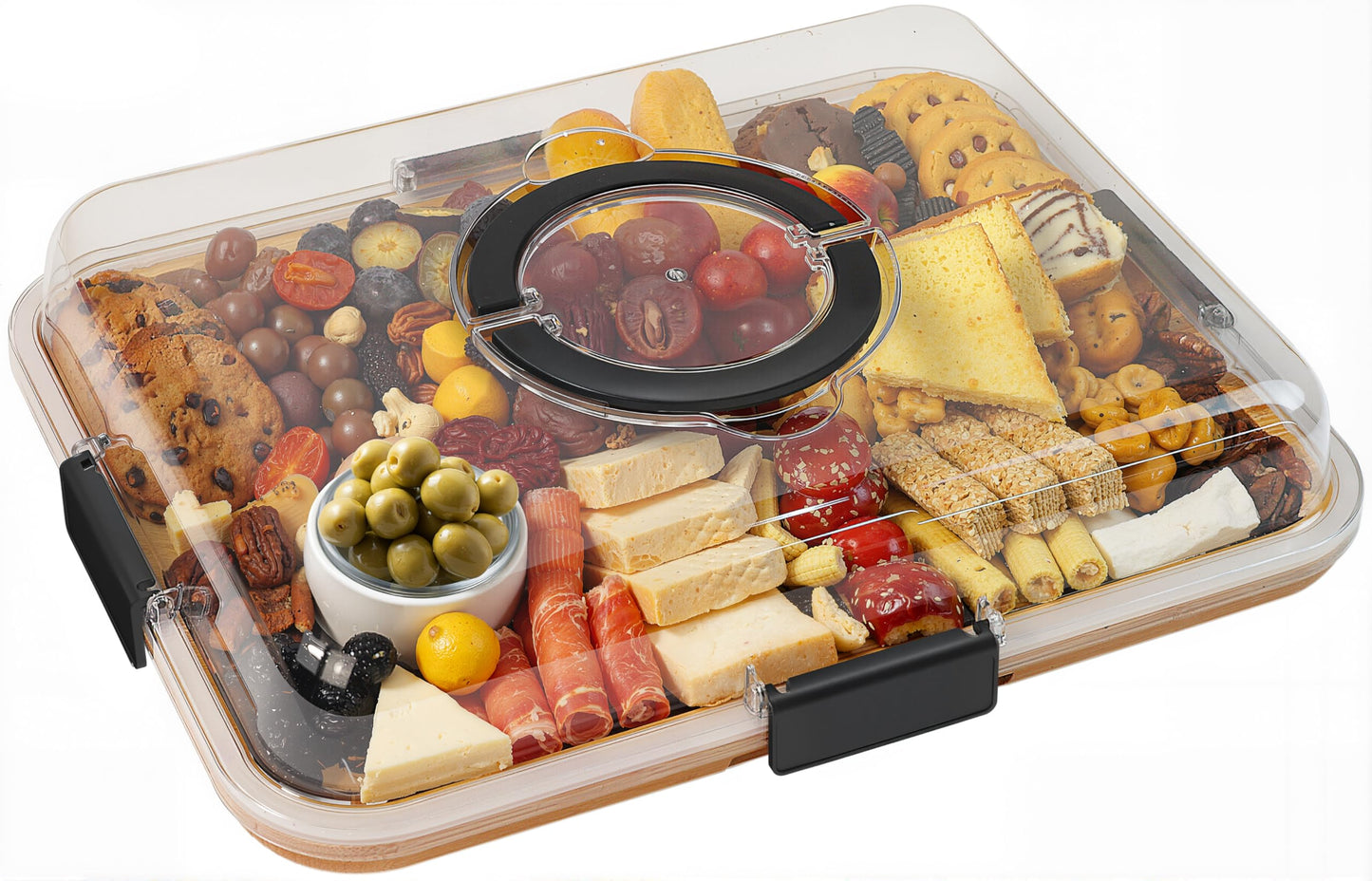 Renmxj Charcuterie Board with Clear Lid, Travel Portable Cheese Board Charcuterie Boxes Cutting Boards for Kitchen, House Warming Gifts New Home, Gifts for Women (6 Compartments Black)