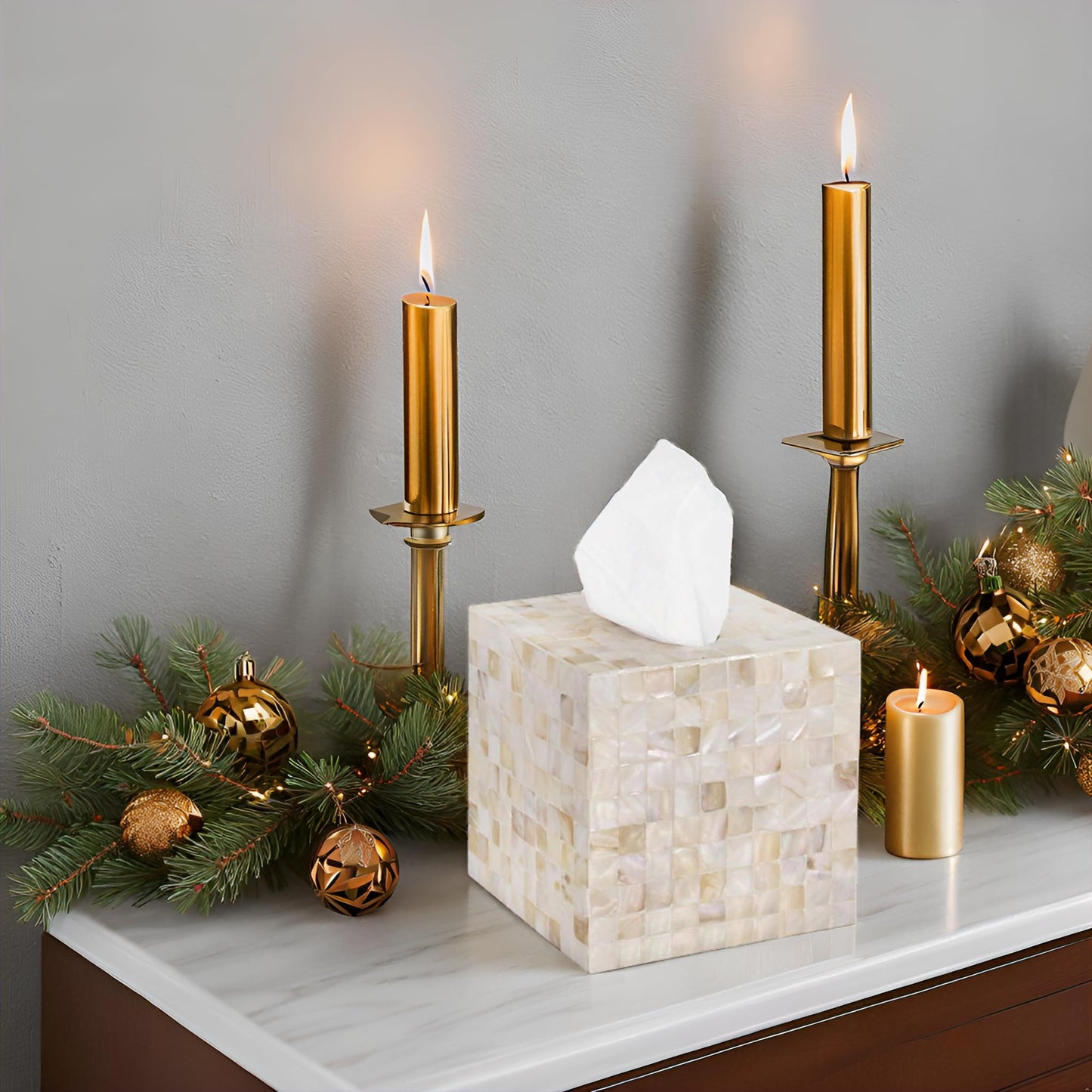 PEMAR Handcrafted Wooden Tissue Box Cover for Small Cube Tissue Boxes Only (Max Inner Size 4.7”) – Mother of Pearl Inlay Decorative Tissue Holder for Bathroom, Living Room & Office (White Sand)