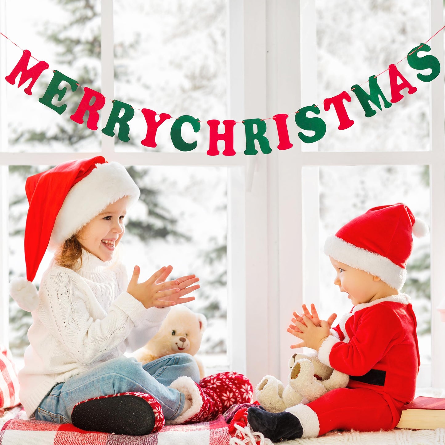 JSDJ Merry Christmas Banner Red Green Wool Felt Garland Christmas Decorations Indoor Happy Holiday Decorations Cute Hanging Decor for Mantel Fireplace Wall, Kids Bedroom, Living Room,Party Supplies