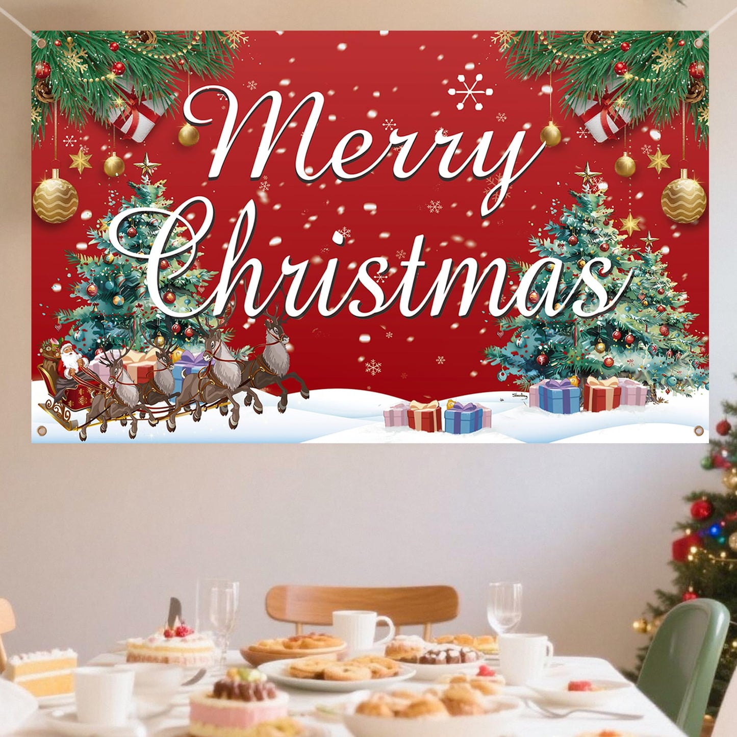 HOOSUN Christmas Decorations,72 x 44 Inch Merry Christmas Backdrops for photography,Xmas Banners Party Decorations,Xmas Photo Booth Backdrop Party Banner for Wall,Yard,Garage