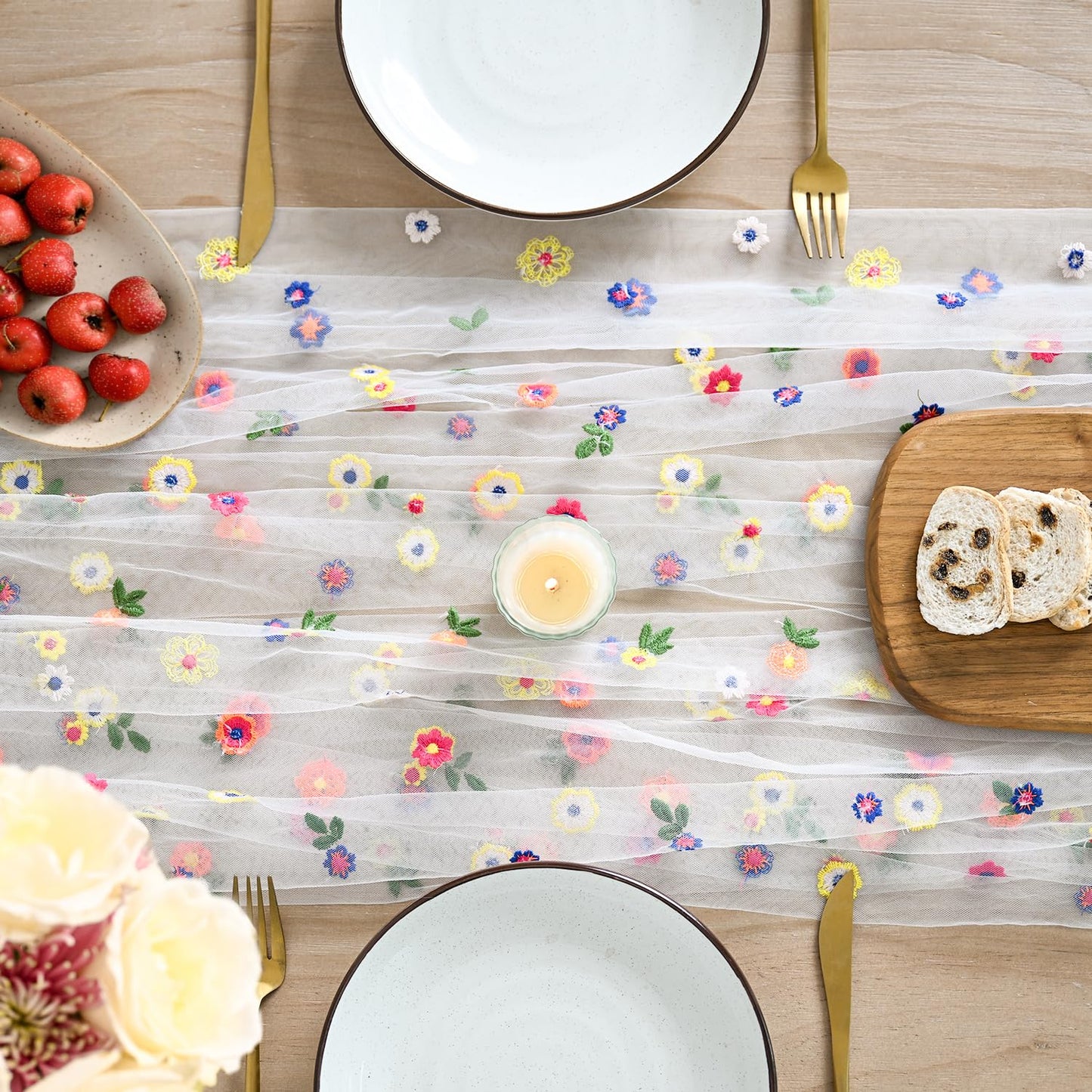 Artoid Mode Embroidery Daisy Gauze Table Runner 120 Inch 10FT, Seasonal Sheer Kitchen Dining Holiday Wedding Birthday Table Decor for Home Party